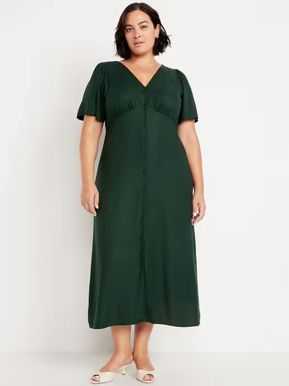 Old Navy Dark Green Button-Down Crepe Midi Dress